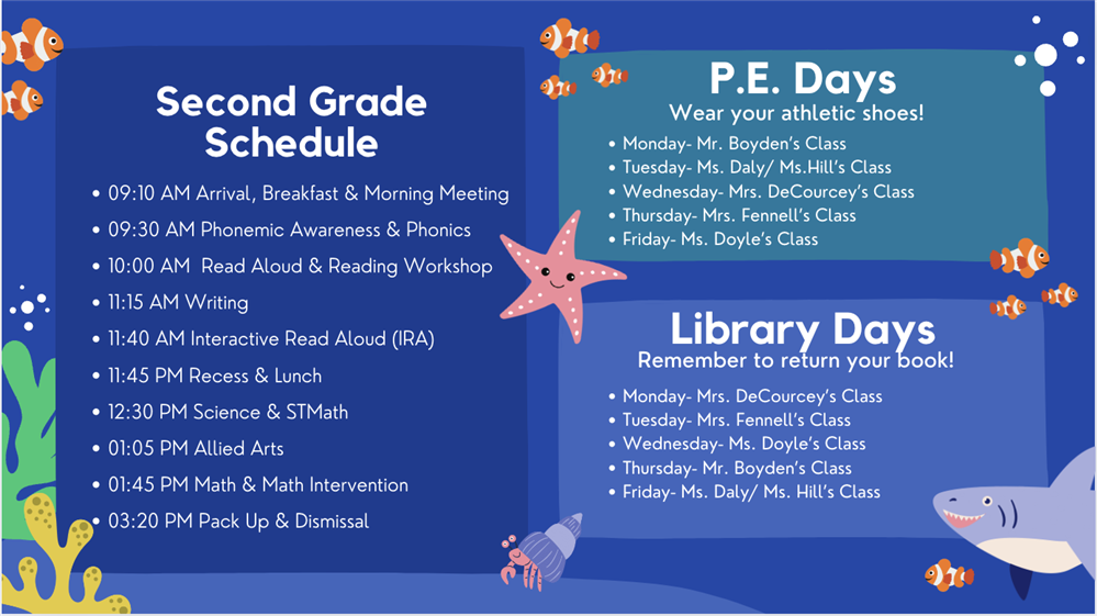 Visual Second grade schedule w/ gym and library reminders